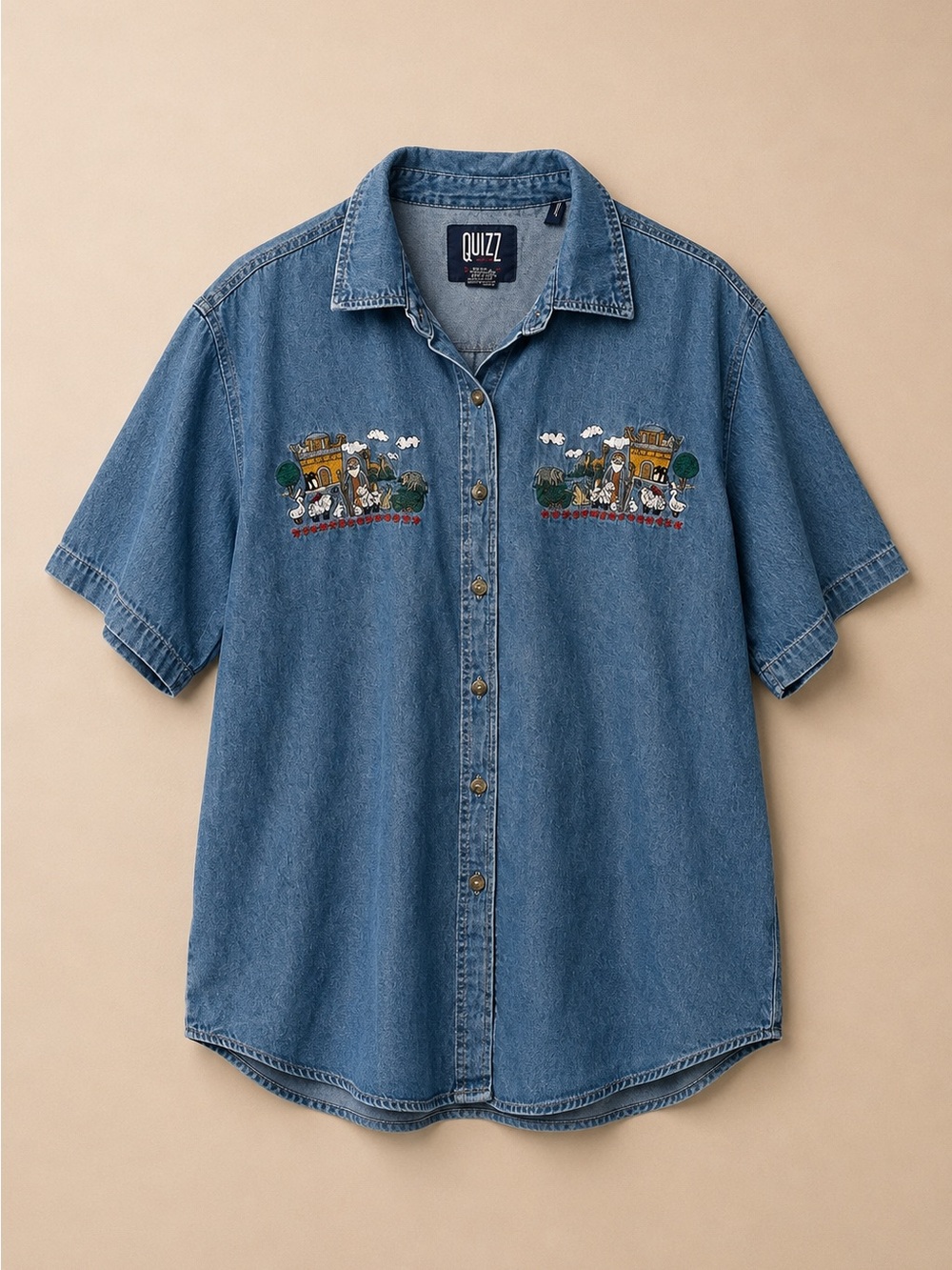 Vintage Quizz Denim Noah’s Ark Embroidered Chambray Shirt Size 22